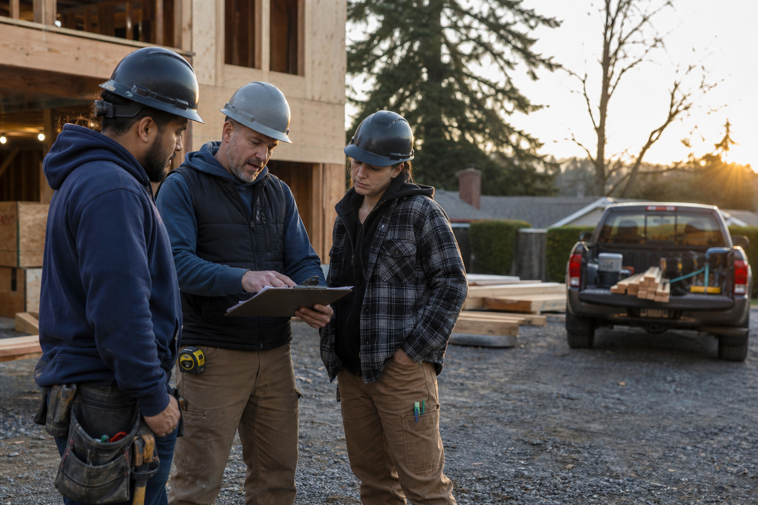 Construction company owner reviewing a project plan with crew members
