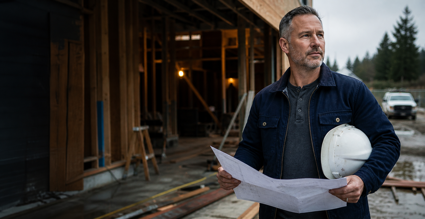 General contractor reviewing construction plans at an active job site