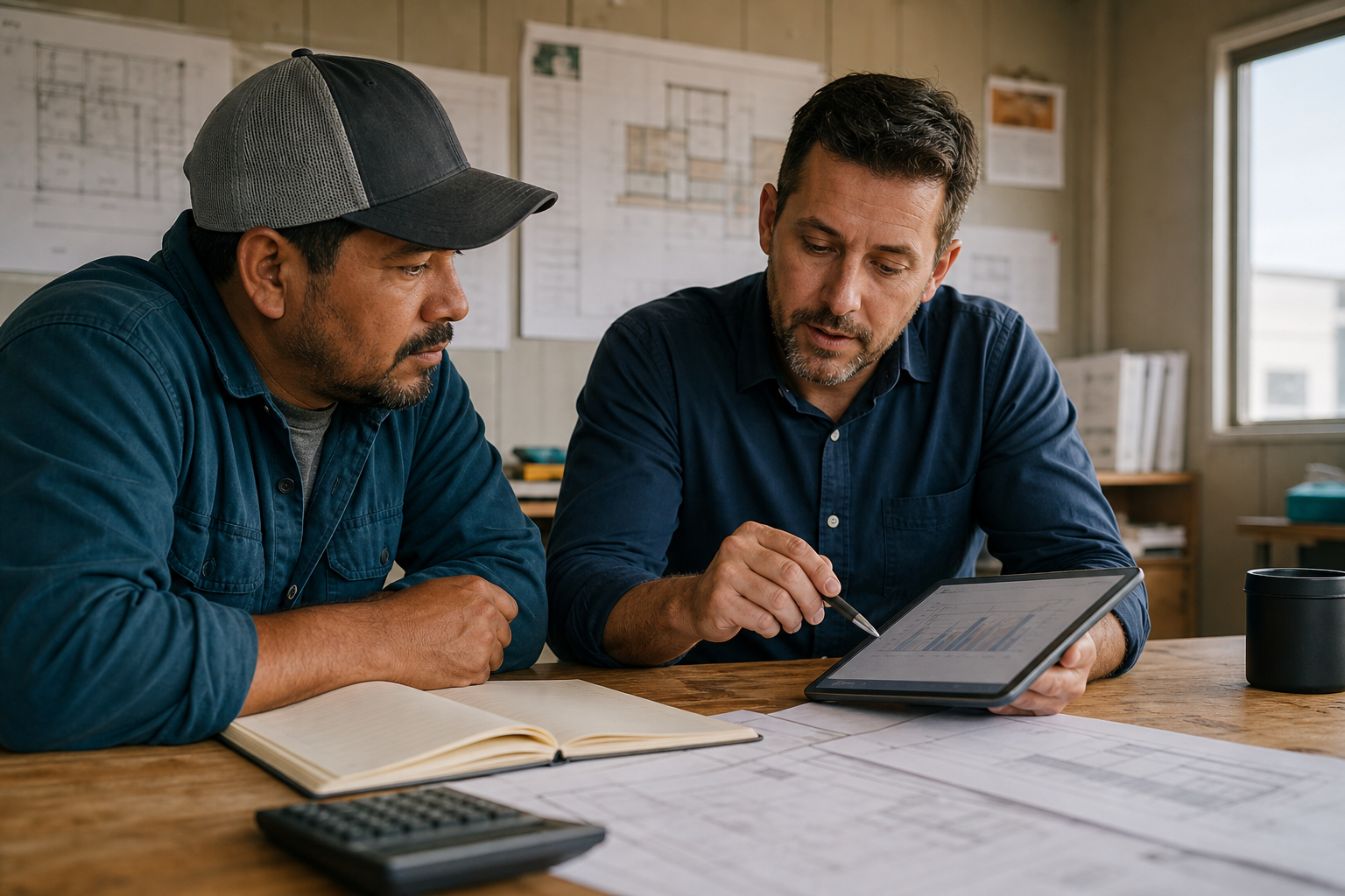 Contractor and life insurance professional reviewing business finances